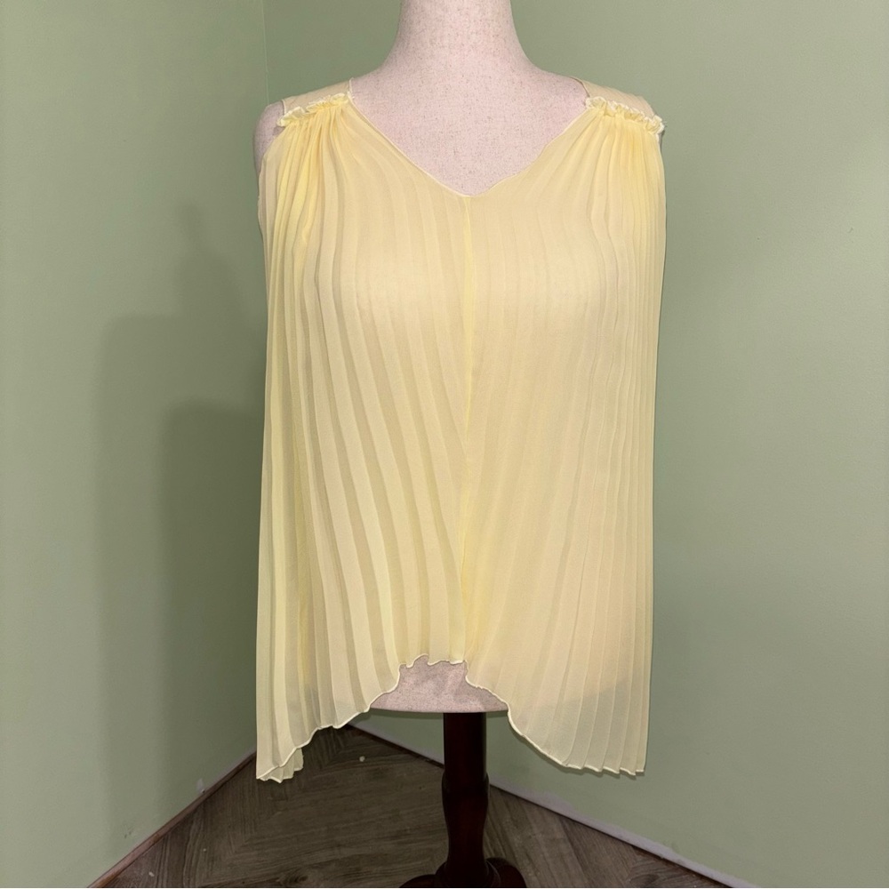 VTG Heart 2 Heart Yellow Pleated Sheer Sleeveless Top Made In USA Women’s Sz XL